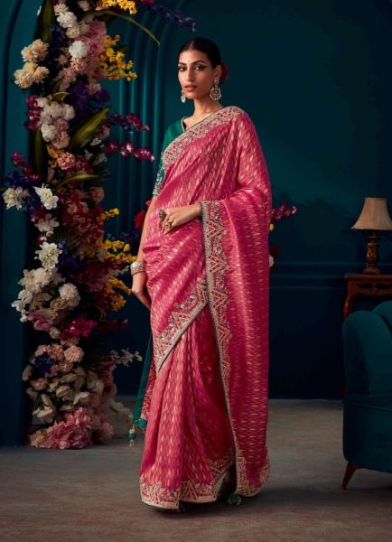 Dark Pink Kanjivaram Silk Wedding-Wear Saree With Handwork