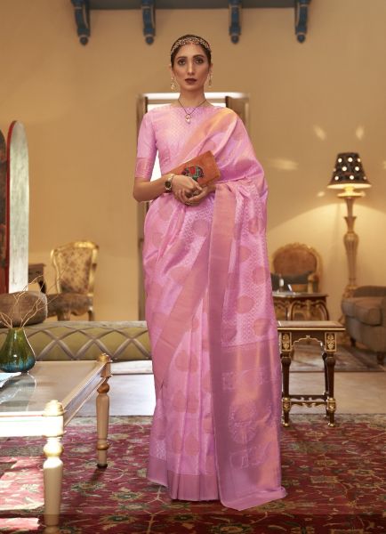 Pink Silk Handloom Weaving Saree For Traditional / Religious Occasions With Copper Zari Weaving