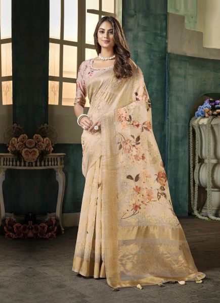 Burlywood Silk Spun Floral Digital Printed Festive-Wear Saree
