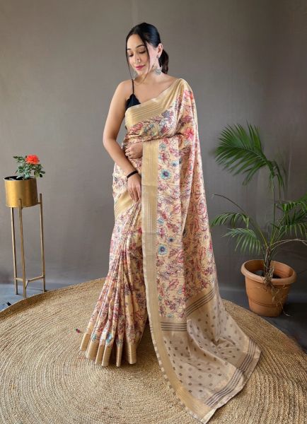 Cream Silk Floral Digitally Printed Festive-Wear Saree