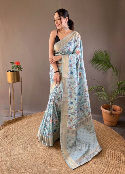 Light Blue Silk Floral Digitally Printed Festive-Wear Saree