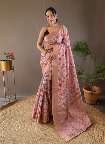 Light Coral Silk Floral Digitally Printed Festive-Wear Saree