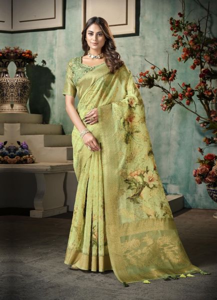 Light Green Silk Spun Floral Digital Printed Festive-Wear Saree