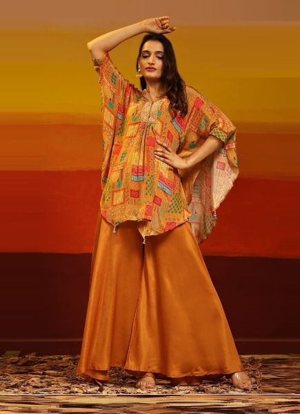 Orange Muslin Digitally Printed Party-Wear Readymade Kaftan With Bottom
