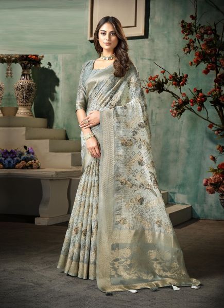 Light Blue Silk Spun Floral Digital Printed Festive-Wear Saree