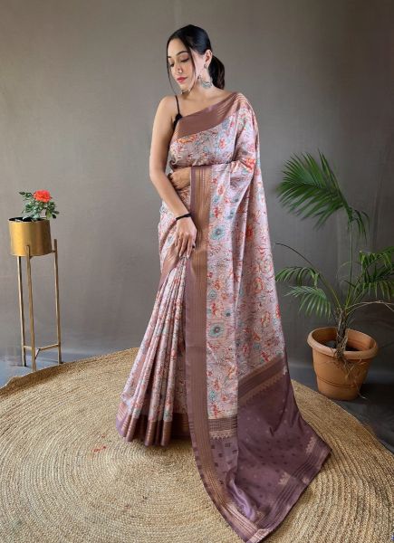 Light Pink Silk Floral Digitally Printed Festive-Wear Saree