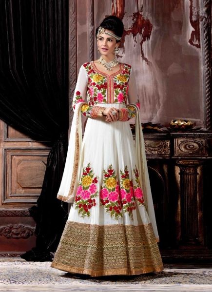 White Georgette Embroidered Party-Wear Floor-Length Salwar Kameez