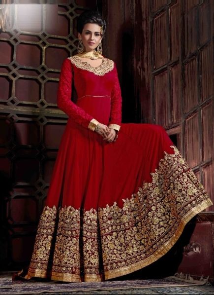 Red Georgette Embroidered Party-Wear Floor-Length Salwar Kameez