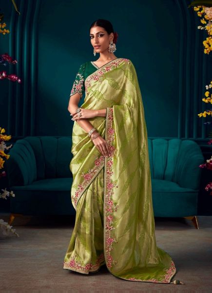 Olive Green Kanjivaram Silk Wedding-Wear Saree With Handwork