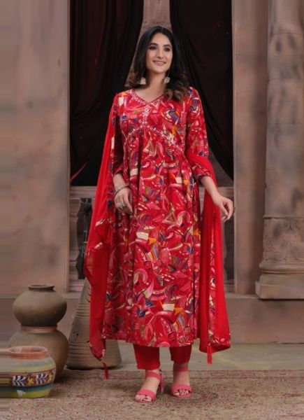 Red Rayon Digitally Printed Alia-Cut / Nyra-Cut Readymade Salwar Kameez