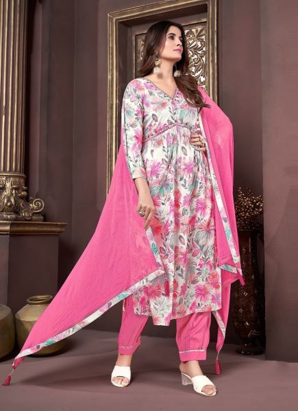 White & Pink Rayon Digitally Printed Festive-Wear Afghani-Pant Readymade Salwar Kameez
