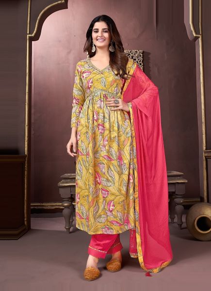 Yellow Premium Rayon Digitally Printed Festive-Wear Readymade Afghani-Pant Salwar Kameez