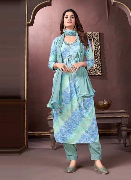 Blue Premium Rayon Digitally Printed Festive-Wear Readymade Afghani-Pant Salwar Kameez