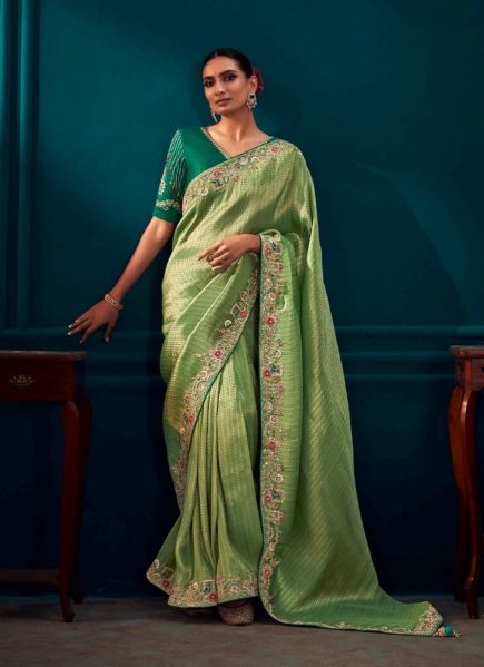 Light Green Kanjivaram Silk Wedding-Wear Saree With Handwork