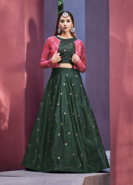 Dark Green Art Silk Embroidery & Sequins-Work Party-Wear Lehenga With Jacket