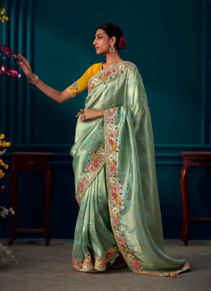 Light Aqua Kanjivaram Silk Wedding-Wear Saree With Handwork