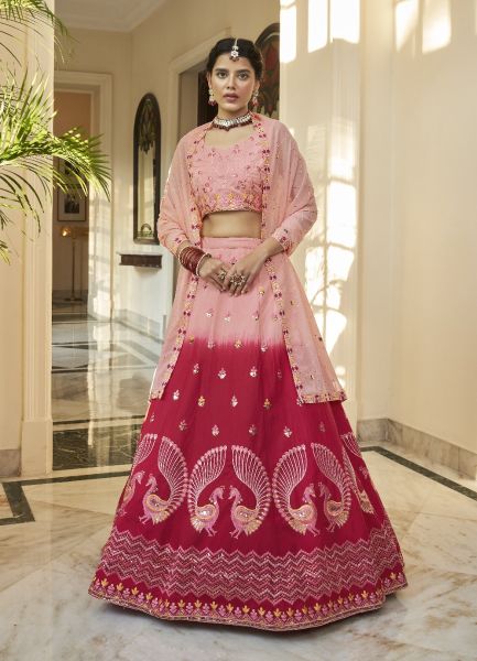 Pink & Crimson Red Art Silk Sequins, Embroidery, Mirror & Thread-Work Wedding-Wear Stylish Lehenga Choli
