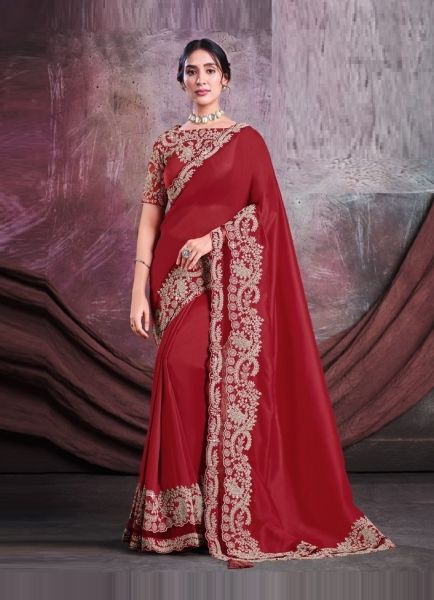 Red Satin Silk Handwork Wedding-Wear Boutique-Style Saree