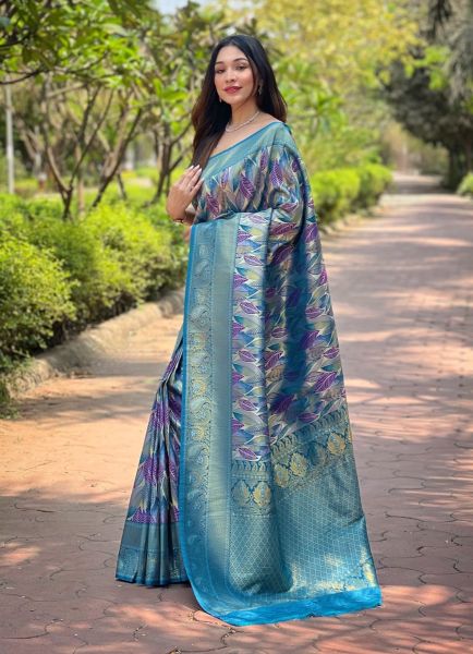 Sea Blue Kanchipattu Silk Floral Digitally Printed Saree For Traditional / Religious Occasions