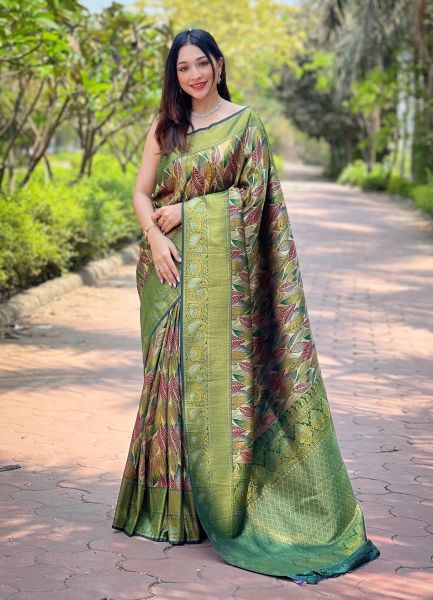 Green Kanchipattu Silk Floral Digitally Printed Saree For Traditional / Religious Occasions