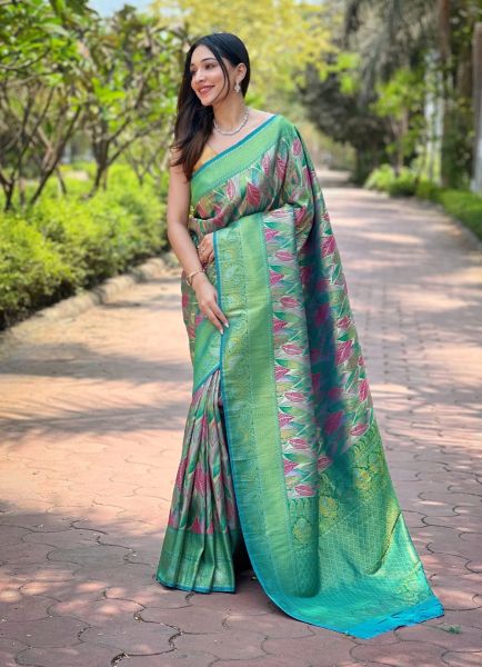 Teal Green Kanchipattu Silk Floral Digitally Printed Saree For Traditional / Religious Occasions
