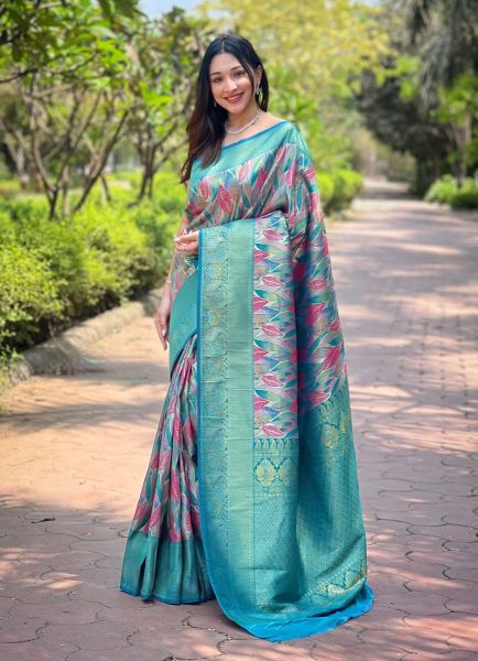 Teal Blue Kanchipattu Silk Floral Digitally Printed Saree For Traditional / Religious Occasions
