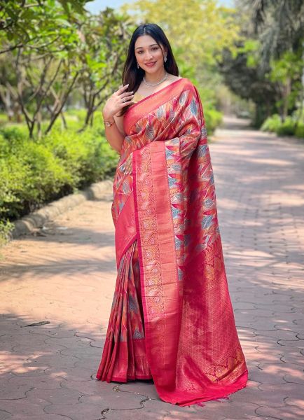 Crimson Red Kanchipattu Silk Floral Digitally Printed Saree For Traditional / Religious Occasions