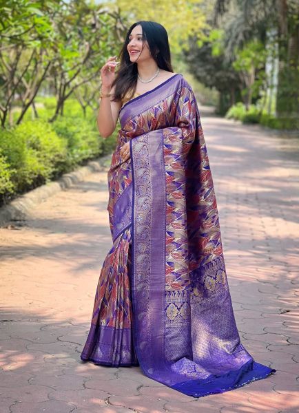 Violet Kanchipattu Silk Floral Digitally Printed Saree For Traditional / Religious Occasions