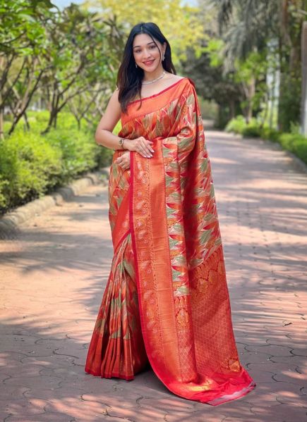 Orange Kanchipattu Silk Floral Digitally Printed Saree For Traditional / Religious Occasions
