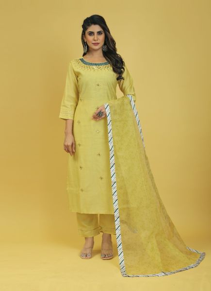 Lemon Yellow Silk Organza Embroidered Festive-Wear Readymade Salwar Kameez