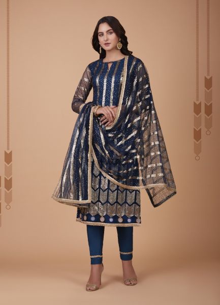 Blue Net Party-Wear Sequins-Embroidered Salwar Kameez