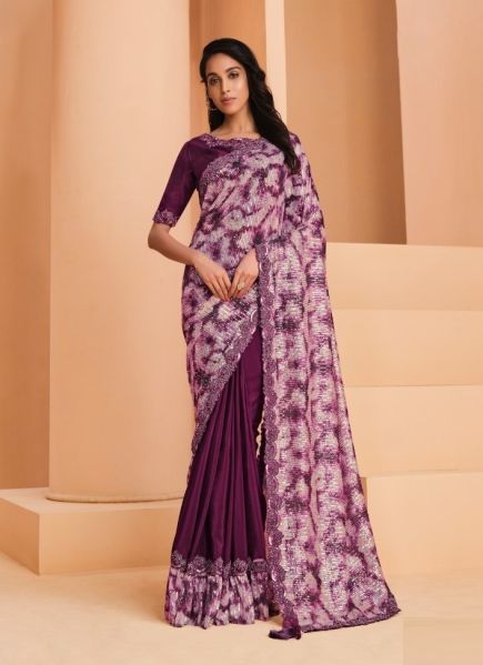 Purple Satin Crape Silk Embroidered Party-Wear Boutique-Style Saree