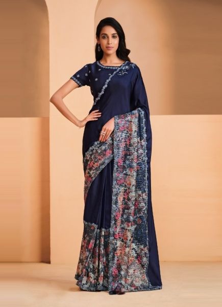 Dark Blue Satin Crape Silk Embroidered Party-Wear Boutique-Style Saree