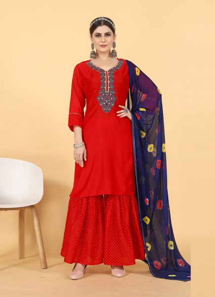 Red Muslin Thread-Work Festive-Wear Readymade Salwar Kameez
