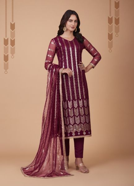 Purple Net Party-Wear Sequins-Embroidered Salwar Kameez
