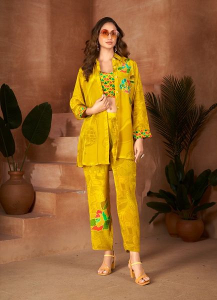 Yellow Crape Handworked Party-Wear Readymade Co-Ord Set