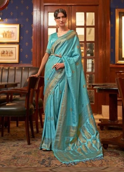 Light Blue Satin Weaving Silk Festive-wear Handloom Saree