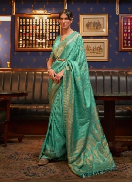 Light Mint Green Satin Weaving Silk Festive-wear Handloom Saree
