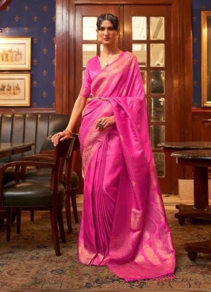 Magenta Satin Weaving Silk Festive-wear Handloom Saree
