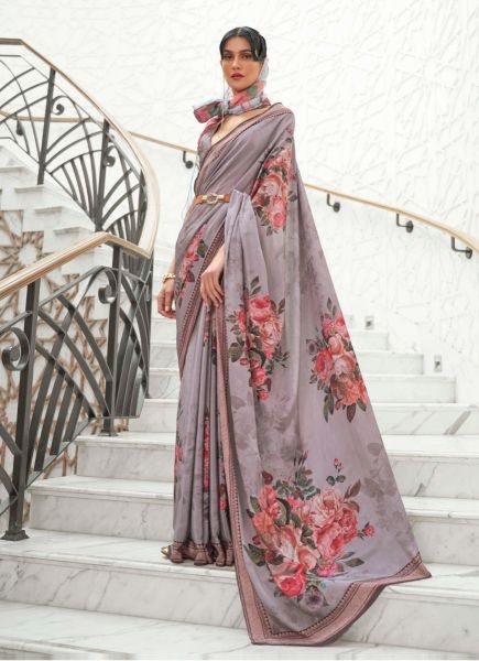 Warm Gray Silk Crape Digitally Printed Resort-Wear Kalamkari Saree