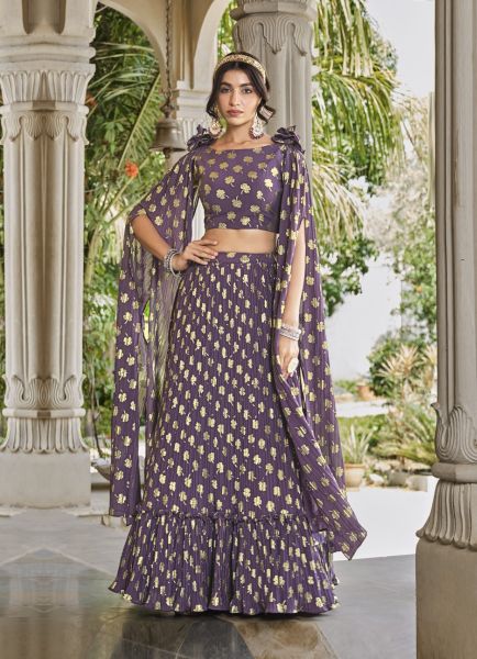 Dull Purple Georgette Foil-Work Party-Wear Stylish Lehenga Choli With Attached Dupatta