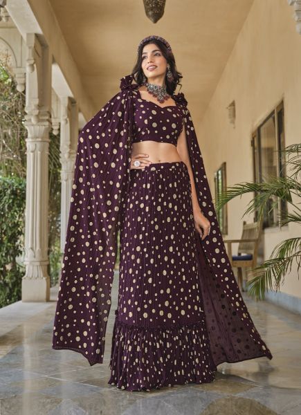 Wine Red Georgette Foil-Work Party-Wear Stylish Lehenga Choli With Attached Dupatta