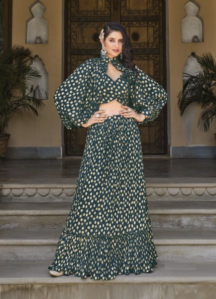 Dark Teal Green Georgette Foil-Work Party-Wear Stylish Lehenga Choli With Attached Koti Jacket