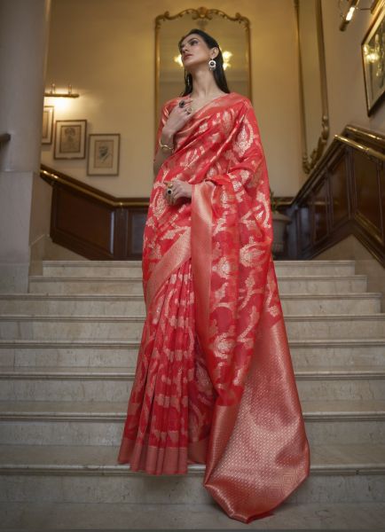Red Banarasi Silk Weaving Party-Wear Saree