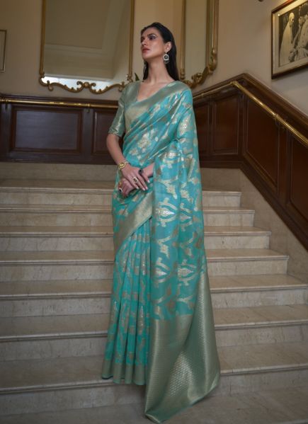 Aqua Banarasi Silk Weaving Party-Wear Saree