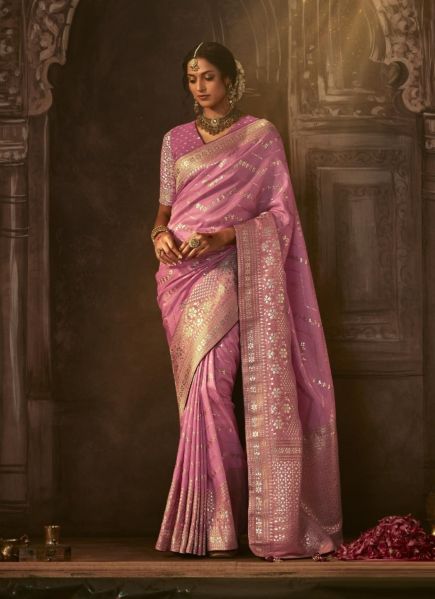 Pink Viscose Dola Silk Zari Weaving Party-Wear Saree