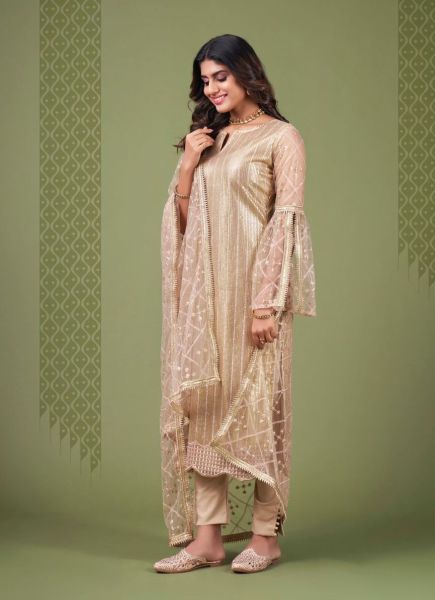 Burlywood Net With Sequins, Embroidery & Thread-Work Festive-Wear Salwar Kameez