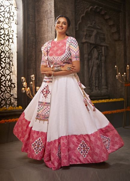 White & Pink Jacquard Cotton Thread, Embroidery & Mirror-Work Navratri Special Lehenga Choli
