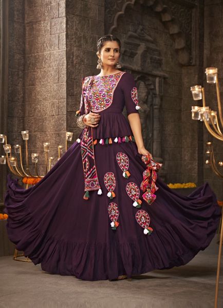 Purple Viscose Rayon Thread, Embroidery & Mirror-Work Navratri Special Lehenga Choli