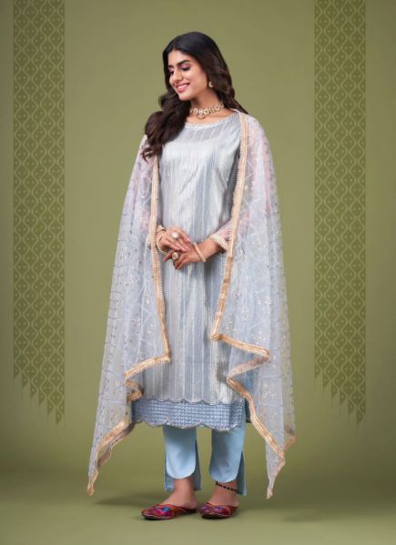 Light Steel Blue Net With Sequins, Embroidery & Thread-Work Festive-Wear Salwar Kameez